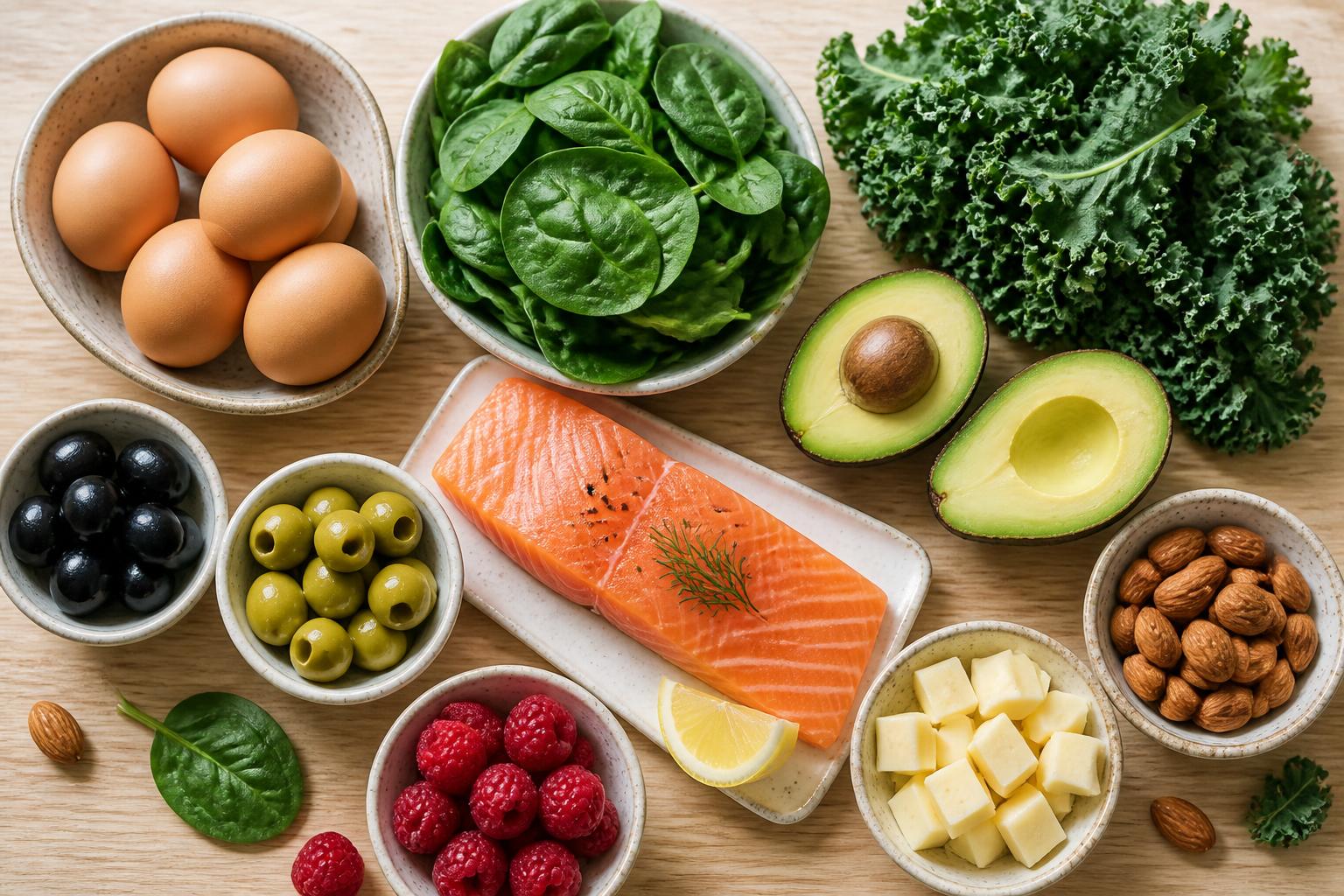 Overhead flat-lay of low-carb diabetes-friendly foods: eggs, spinach, kale, salmon, avocado, olives, raspberries, cheese and almonds
