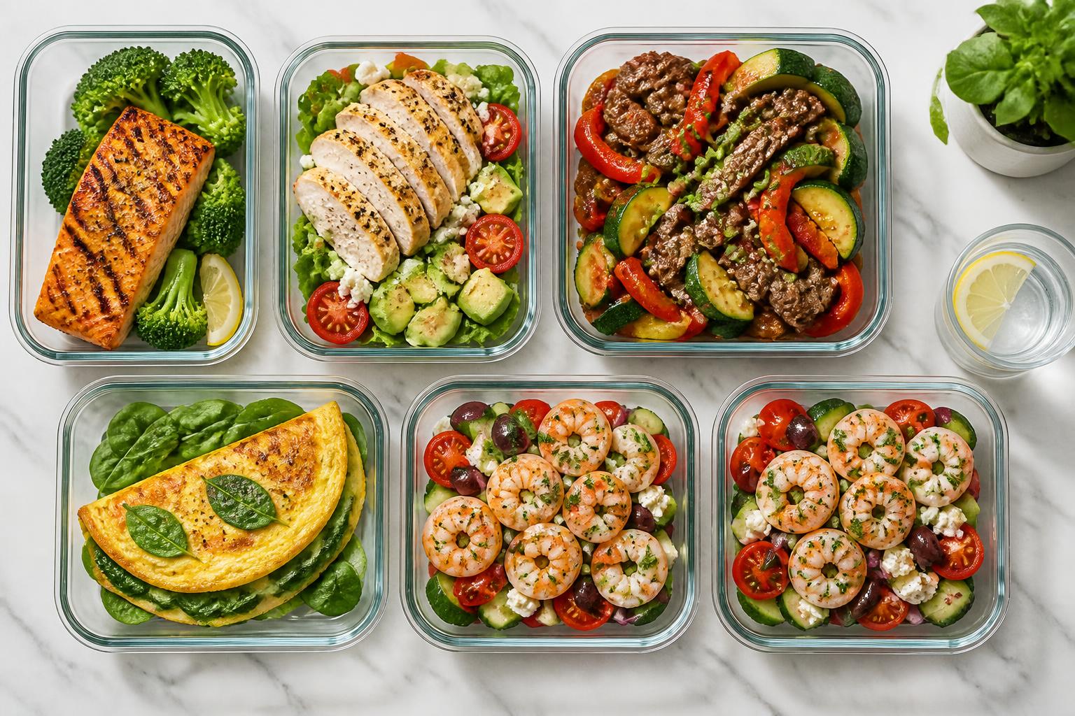Seven glass meal-prep containers with low-carb keto meals: salmon and broccoli, chicken salad, beef stir-fry, omelet, and prawns with Greek salad