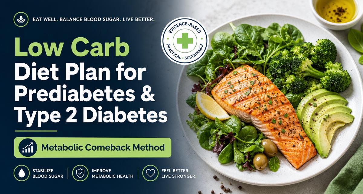 Low carb diet plate for prediabetes and type 2 diabetes with salmon, greens and avocado